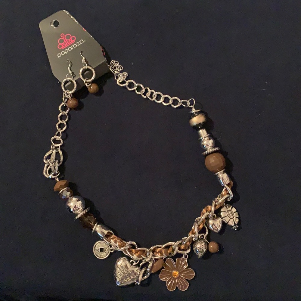 Never worn, brown and silver charm necklace/earrings set